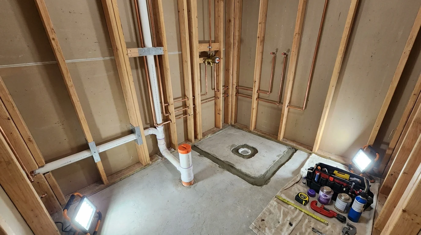 Bathroom rough-in plumbing during remodel by Johns Plumbing LLC in New Britain