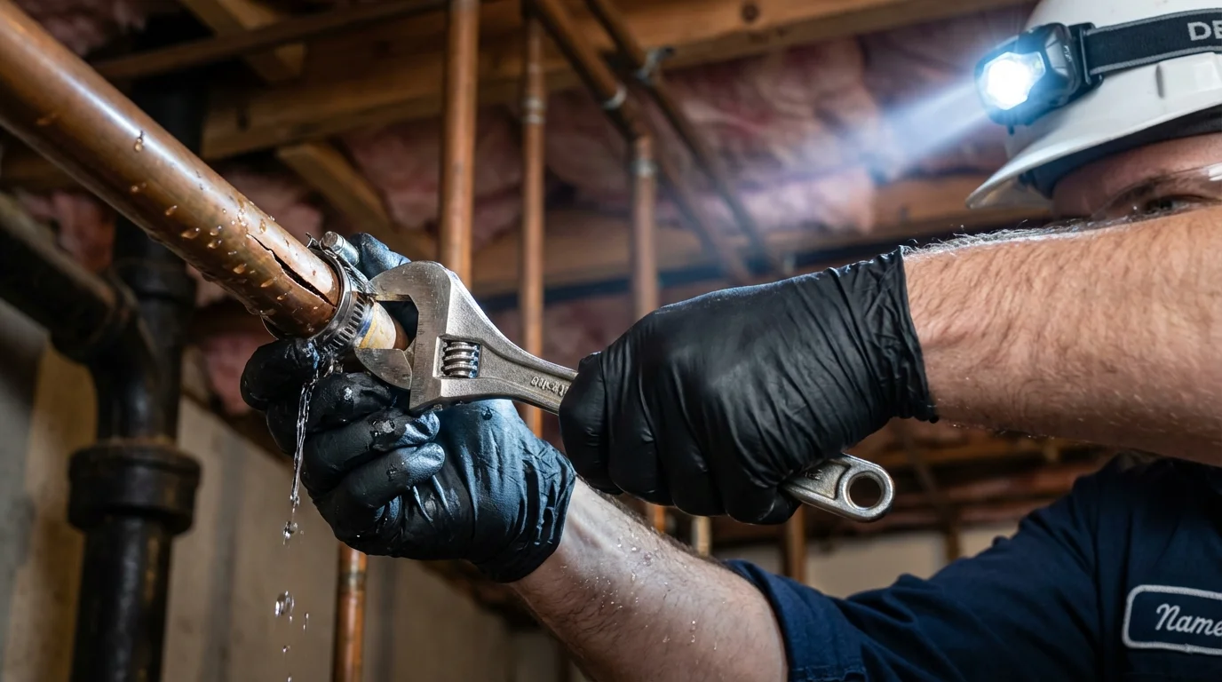Emergency pipe clamp repair being performed by a Johns Plumbing LLC plumber in New Britain