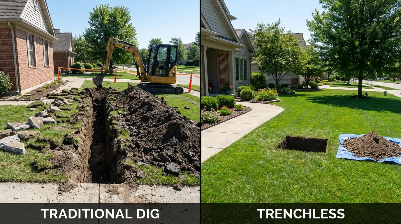 Trenchless sewer repair with minimal yard damage versus traditional excavation in New Britain, CT