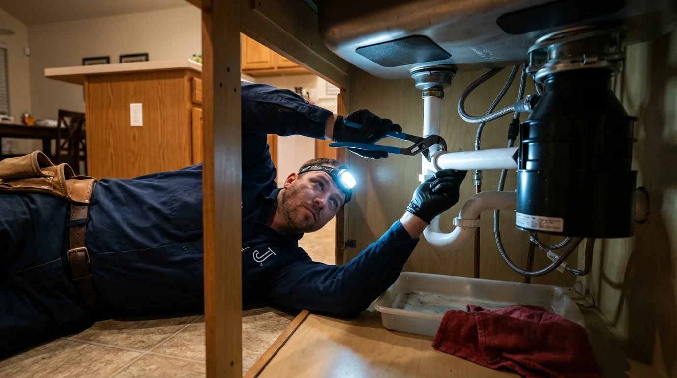 P-trap and supply line connections under a kitchen sink showing a common leak point in New Britain, CT